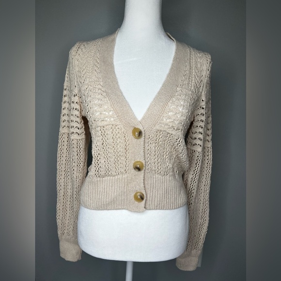 Anthropologie Beige Open-Knit Button Cardigan Sweater Womens Size XS - Picture 3 of 17